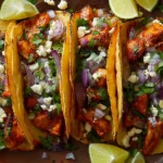 Crispy Honey Chipotle Chicken Tacos on corn tortillas with smoky honey-chipotle chicken, red onion, cilantro, crumbled cheese, and lime wedges.