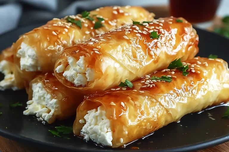 Oven-Fried Feta Rolls with Chili Honey on a black plate, golden crispy phyllo rolls drizzled with honey and topped with sesame and herbs.