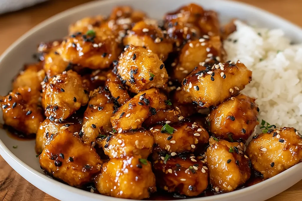 Sweet Chili Chicken Bites in a bowl—crispy golden chicken pieces coated in sticky sweet chili glaze, topped with sesame seeds, served with fluffy white rice.