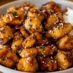 Sweet Chili Chicken Bites in a bowl—crispy golden chicken pieces coated in sticky sweet chili glaze, topped with sesame seeds, served with fluffy white rice.