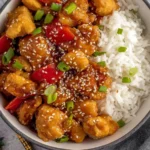 Crock Pot Sesame Chicken bowl with sticky sesame sauce, red bell pepper, sesame seeds, and green onions served over fluffy white rice.