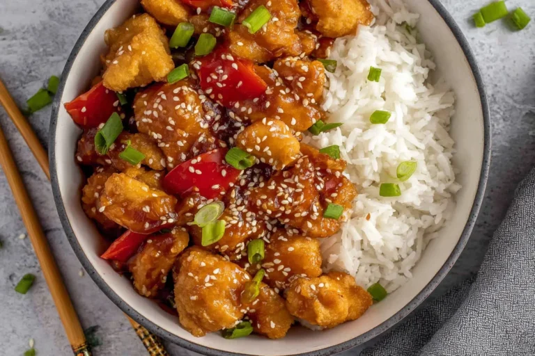 Crock Pot Sesame Chicken bowl with sticky sesame sauce, red bell pepper, sesame seeds, and green onions served over fluffy white rice.
