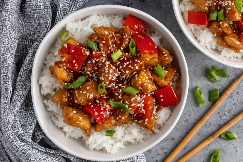 Crock Pot Sesame Chicken served over white rice with red bell peppers, sesame seeds, and green onions in a bowl.