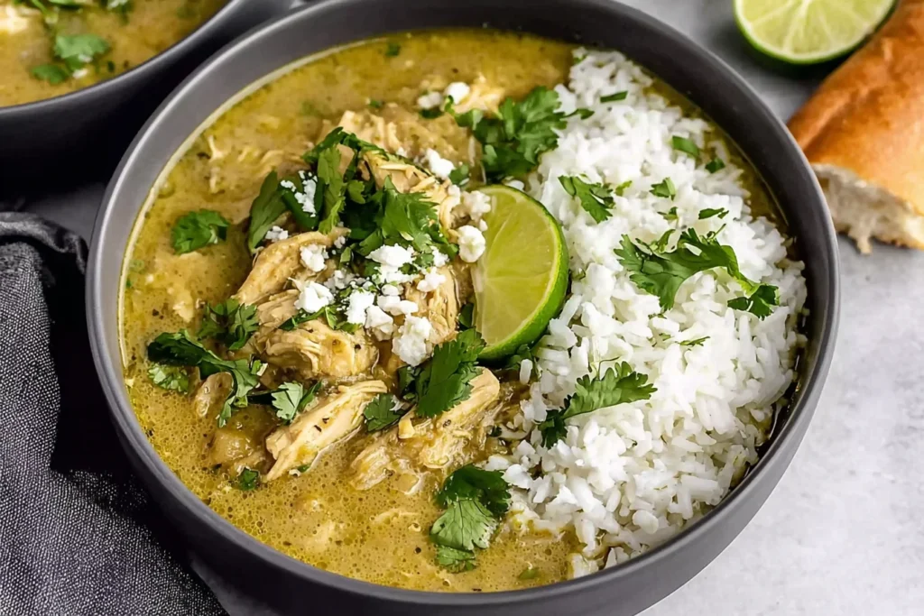 Bowl of Crockpot Chicken Chili Verde with shredded chicken in salsa verde sauce, served with white rice, cilantro, and a lime wedge.