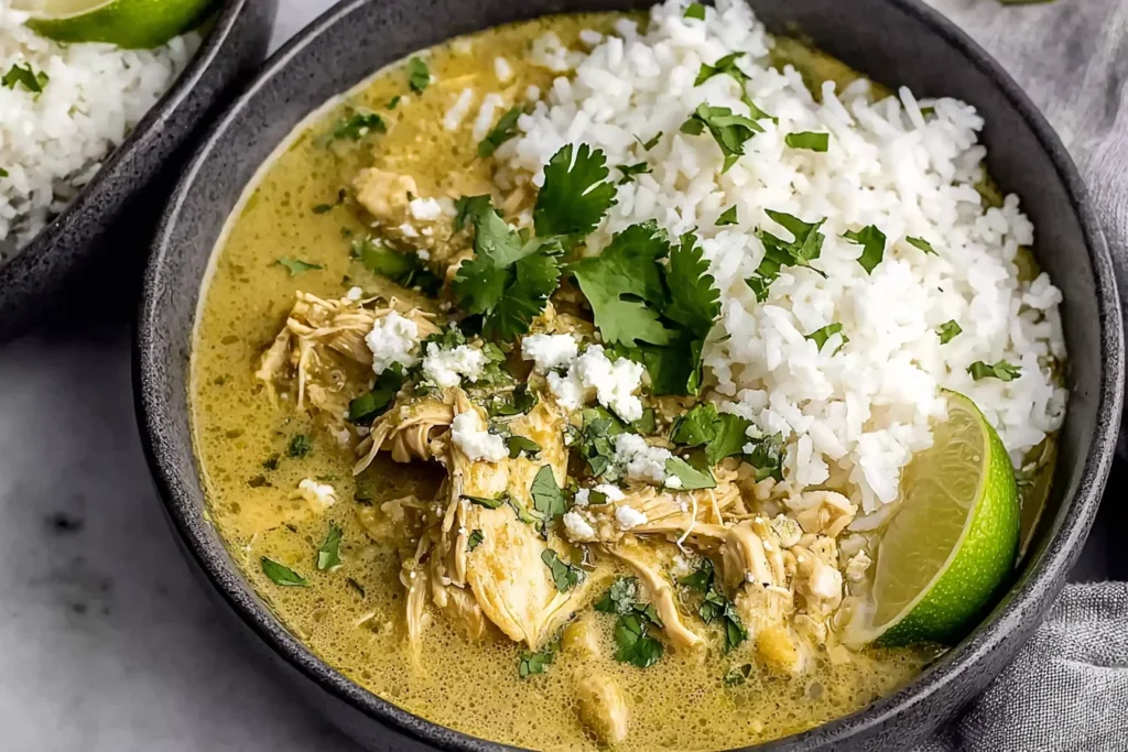 Close-up bowl of Crockpot Chicken Chili Verde with shredded chicken in green salsa verde broth, topped with cilantro and queso, served with white rice and lime.