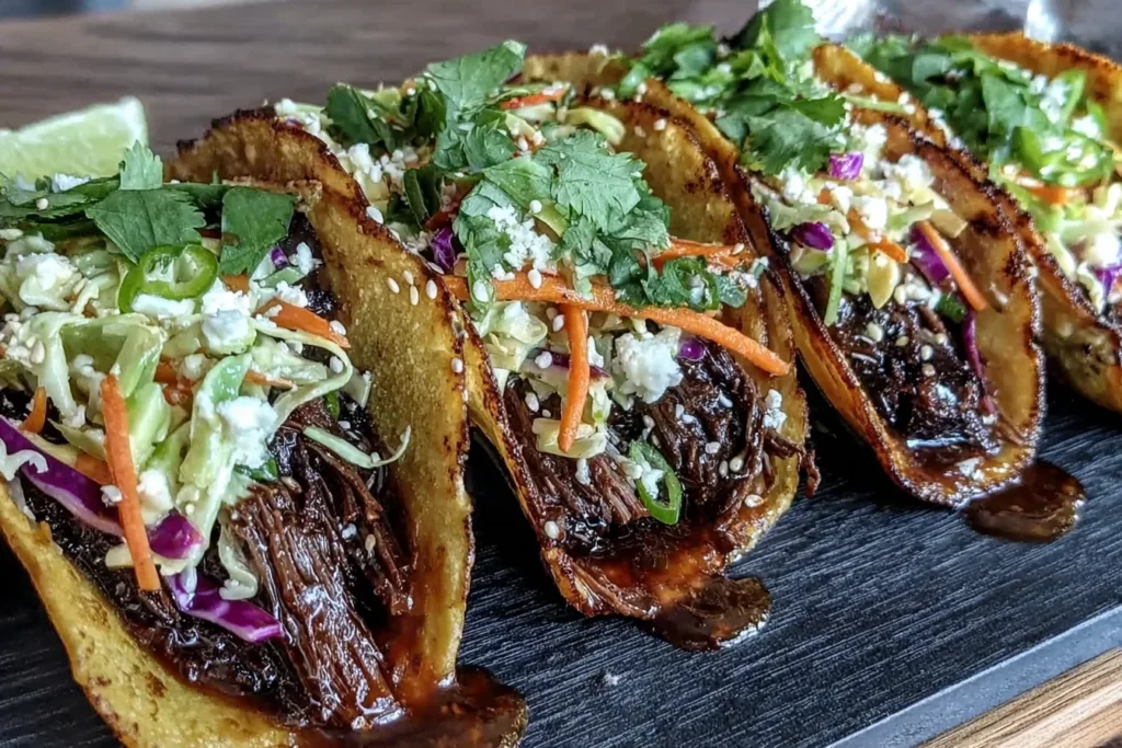 Crockpot Korean Beef Tacos in crispy corn tortillas topped with gochujang slaw, cilantro, sesame seeds, and crumbled cheese on a serving board.