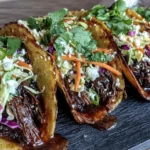 Crockpot Korean Beef Tacos in crispy corn tortillas topped with gochujang slaw, cilantro, sesame seeds, and crumbled cheese on a serving board.