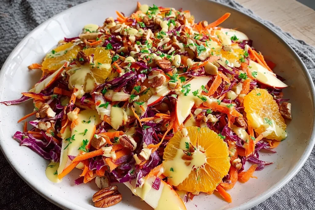 Crunchy Apple Carrot Salad with Creamy Citrus Dressing with shredded carrots, red cabbage, apple slices, orange rounds, pecans, and parsley on a plate.