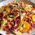 Crunchy Apple Carrot Salad with Creamy Citrus Dressing with shredded carrots, red cabbage, apple slices, orange rounds, pecans, and parsley on a plate.