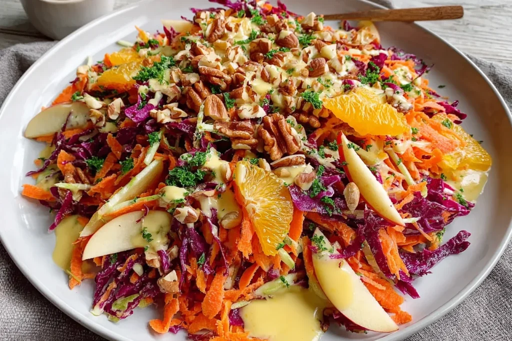 Crunchy Apple Carrot Salad with Creamy Citrus Dressing topped with pecans, orange slices, apples, shredded carrots, and red cabbage on a white plate.