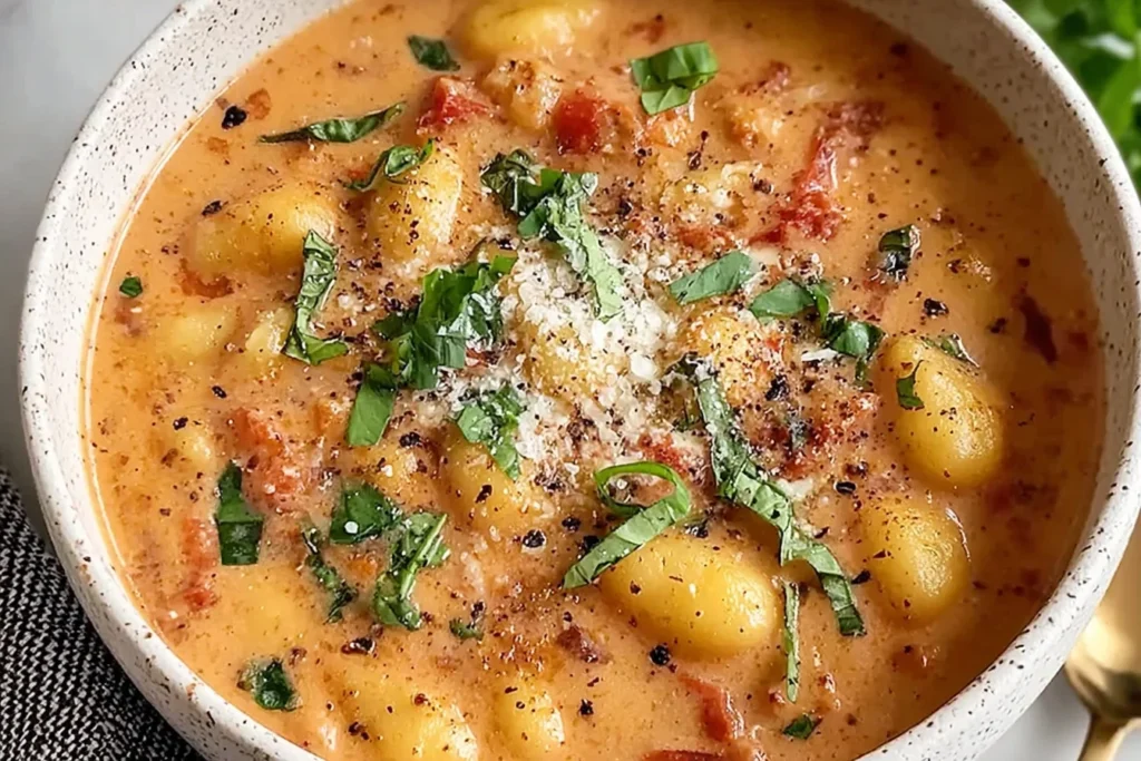 Creamy Sun Dried Tomato Gnocchi Soup in a bowl, topped with fresh basil, black pepper, and a sprinkle of dairy-free “parmesan.”