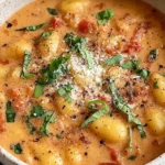 Creamy Sun Dried Tomato Gnocchi Soup in a bowl, topped with fresh basil, black pepper, and a sprinkle of dairy-free “parmesan.”