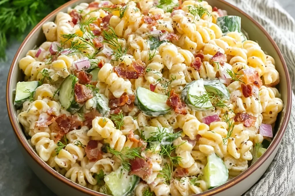 Creamy Dill Pickle Bacon Pasta Salad with rotini, crunchy cucumber slices, crispy bacon, red onion, and fresh dill in a bowl.
