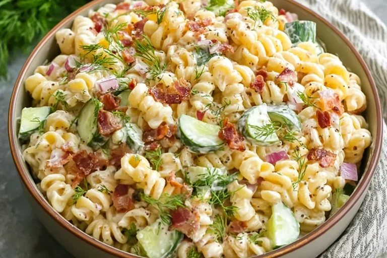 Creamy Dill Pickle Bacon Pasta Salad with rotini, crunchy cucumber slices, crispy bacon, red onion, and fresh dill in a bowl.