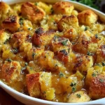 Dolly’s Chicken and Stuffing Casserole in a white baking dish with golden, crispy stuffing cubes and creamy chicken filling, sprinkled with herbs.