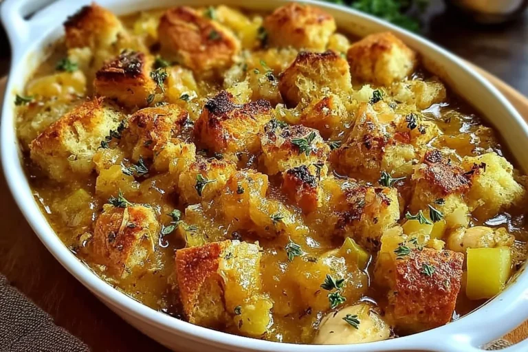 Dolly’s Chicken and Stuffing Casserole in a white baking dish with golden, crispy stuffing cubes and creamy chicken filling, sprinkled with herbs.
