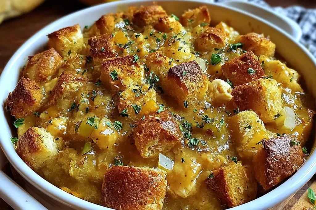 Dolly’s Chicken and Stuffing Casserole baked in a white dish with crispy golden stuffing cubes, creamy chicken filling, and a sprinkle of herbs.