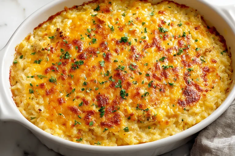 Dump-and-Bake Cheddar Chicken Rice Bake in a white casserole dish with golden melted cheddar, tender rice, and parsley garnish.