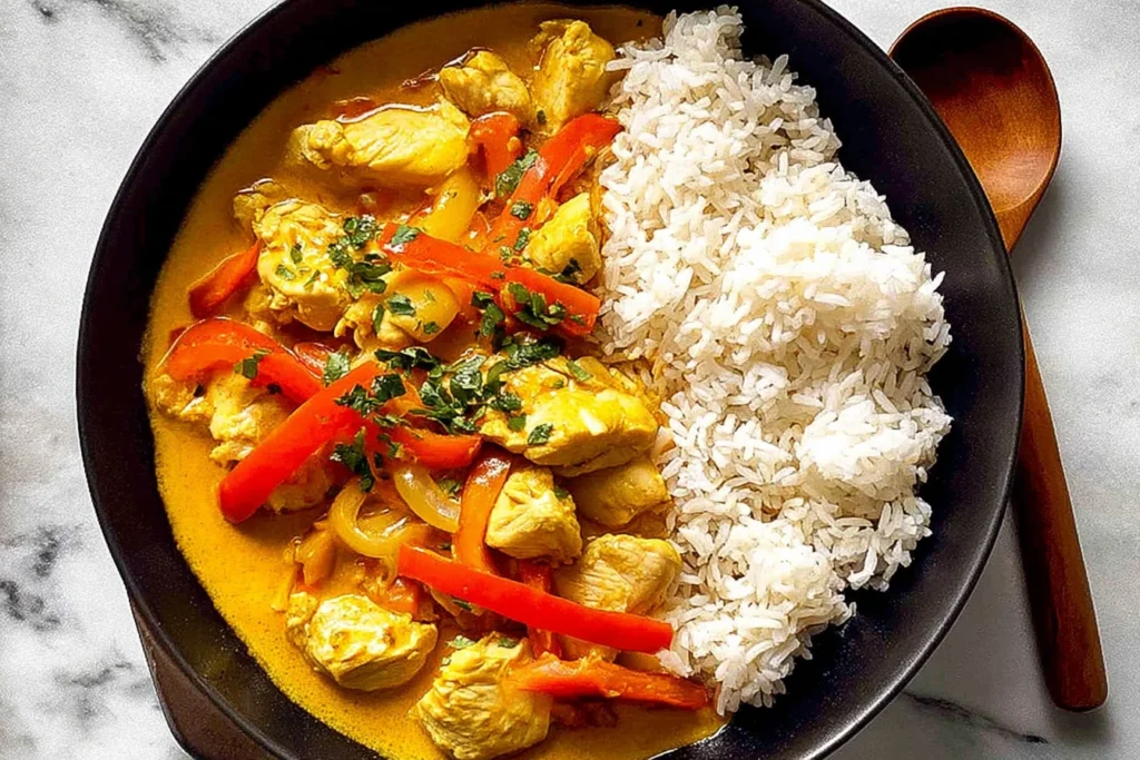 Coconut Chicken Curry served with fluffy white rice in a black bowl, topped with red bell peppers and fresh herbs