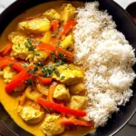 Coconut Chicken Curry served with fluffy white rice in a black bowl, topped with red bell peppers and fresh herbs
