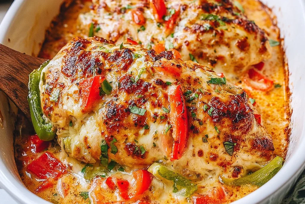 Close-up of Fajita Chicken Breasts Casserole with melted mozzarella, red and green bell peppers, and fajita-seasoned sauce in a baking dish.