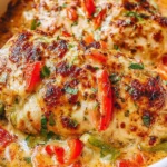 Close-up of Fajita Chicken Breasts Casserole with melted mozzarella, red and green bell peppers, and fajita-seasoned sauce in a baking dish.