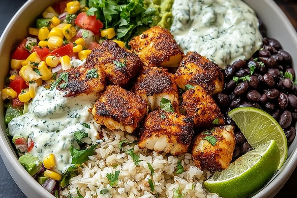Fish Taco Buddha Bowl with Blackened Fish & Lime