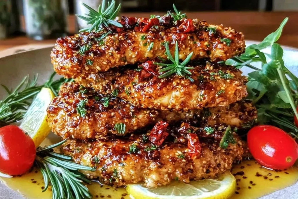 Flavorful Mediterranean Chicken Tenders stacked high with a glossy garlic-lemon herb sauce, sesame-like seasoning, rosemary sprigs, and lemon slices.