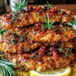 Flavorful Mediterranean Chicken Tenders stacked high with a glossy garlic-lemon herb sauce, sesame-like seasoning, rosemary sprigs, and lemon slices.