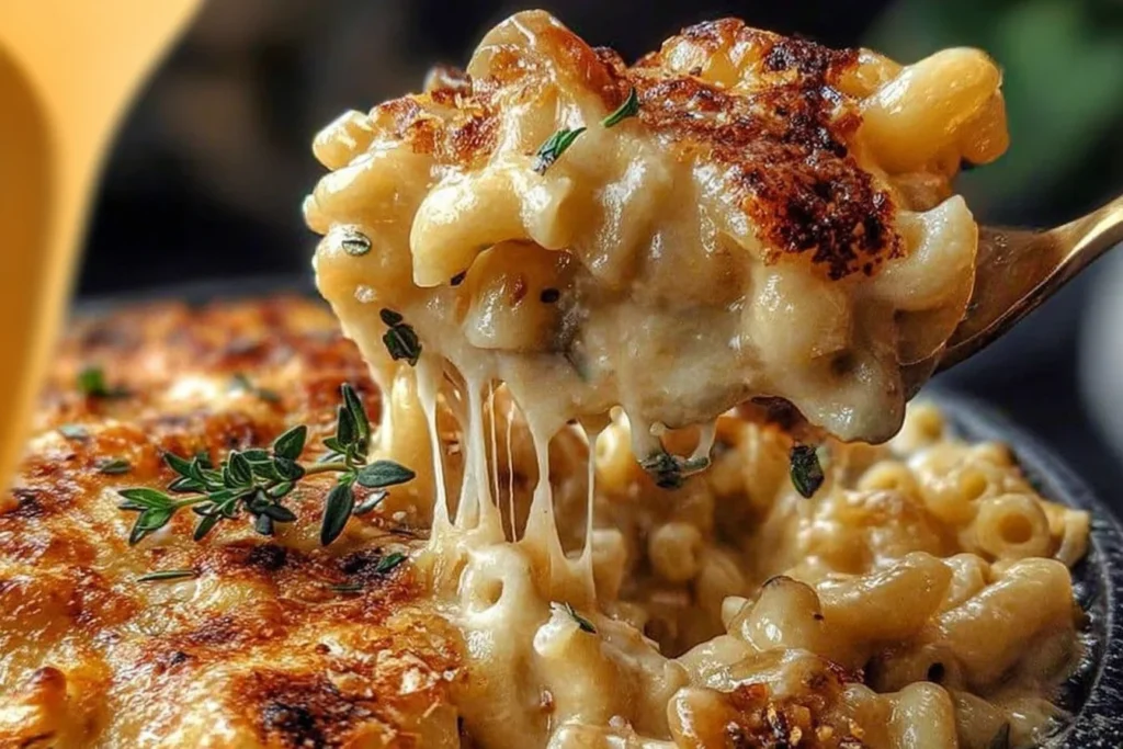 French onion soup mac & cheese with gooey Gruyère cheese pull, caramelized onions, and thyme in a golden baked skillet.