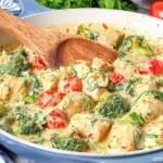 Creamy Garlic Chicken with Broccoli and Spinach in a skillet with cherry tomatoes and melted cheese sauce.
