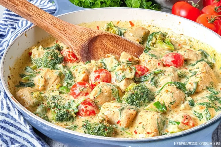 Creamy Garlic Chicken with Broccoli and Spinach in a skillet with cherry tomatoes and melted cheese sauce.