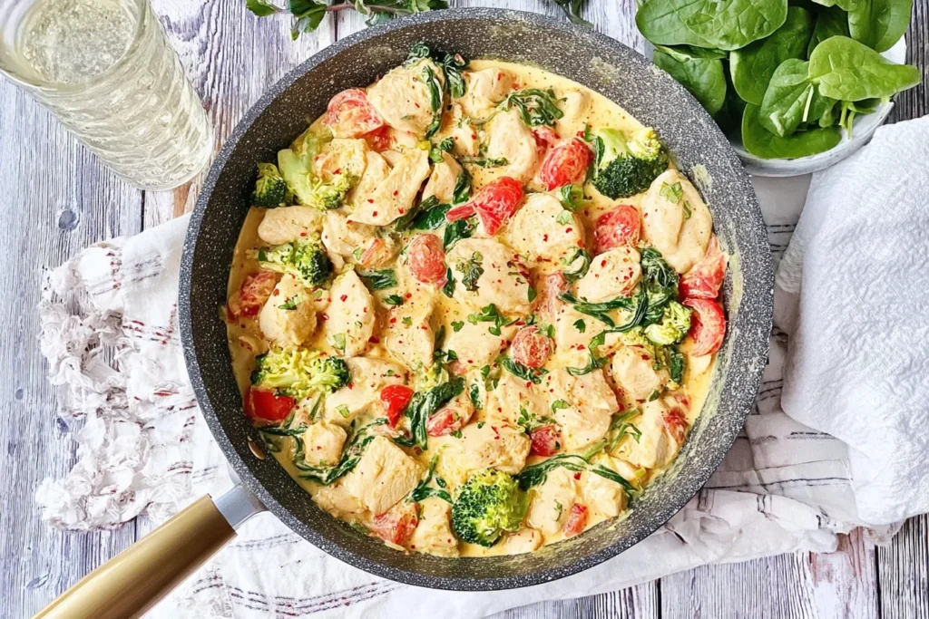 Top-down view of creamy Garlic Chicken with Broccoli and Spinach in a skillet with cherry tomatoes and a cheesy garlic sauce.