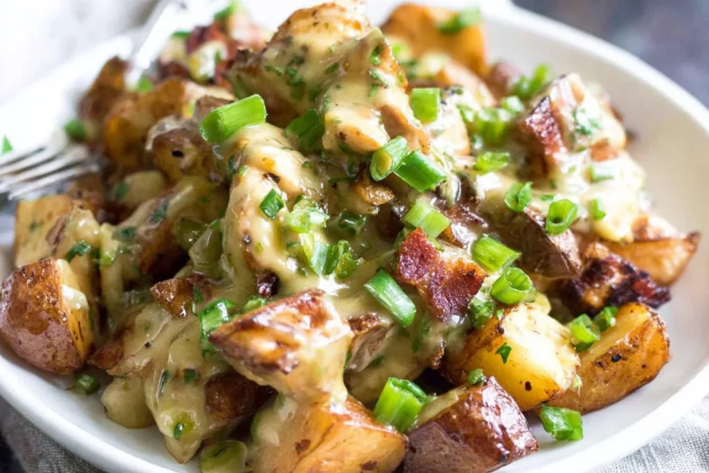 German Fried Potatoes with Chicken close-up—crispy red potatoes, juicy chicken, turkey bacon, and green onions coated in a creamy tangy skillet sauce.