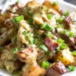 German Fried Potatoes with Chicken close-up—crispy red potatoes, juicy chicken, turkey bacon, and green onions coated in a creamy tangy skillet sauce.