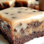 Banana Bread Brownies topped with creamy glaze and chocolate chips on a white plate, showing a fudgy banana-chocolate swirl.