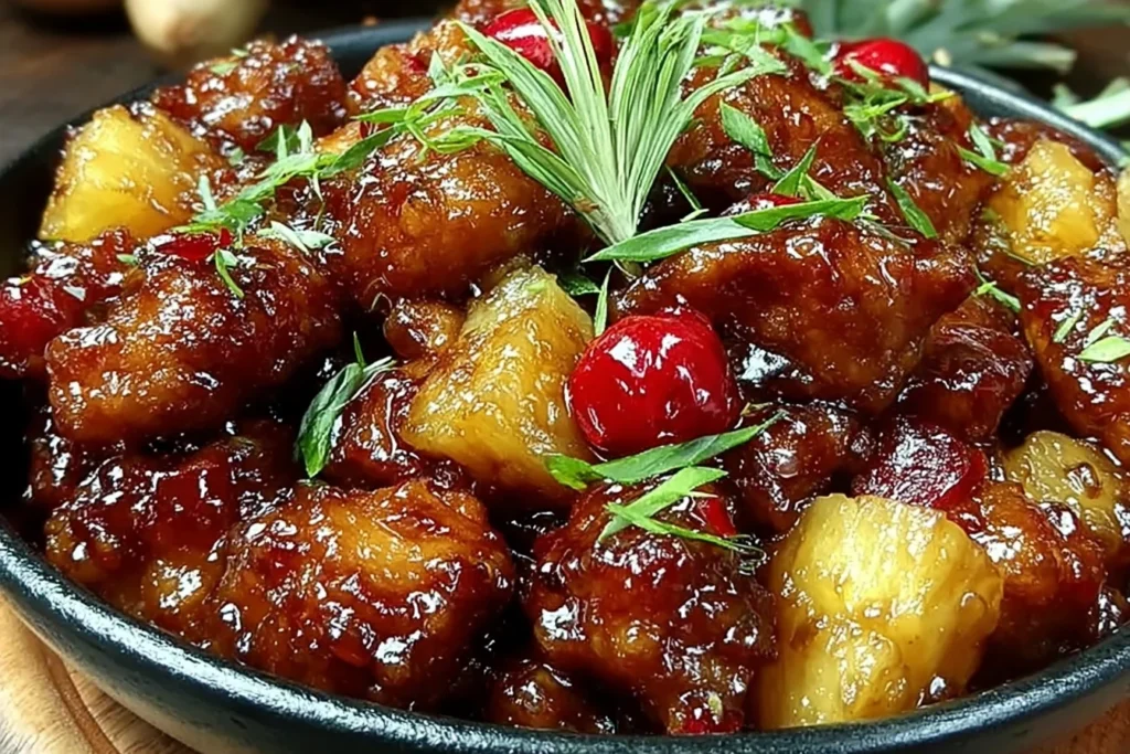 Brown Sugar Pineapple Chicken glazed in a sticky sweet-savory sauce with juicy pineapple chunks and bright red peppers, garnished with fresh herbs.
