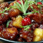 Brown Sugar Pineapple Chicken glazed in a sticky sweet-savory sauce with juicy pineapple chunks and bright red peppers, garnished with fresh herbs.
