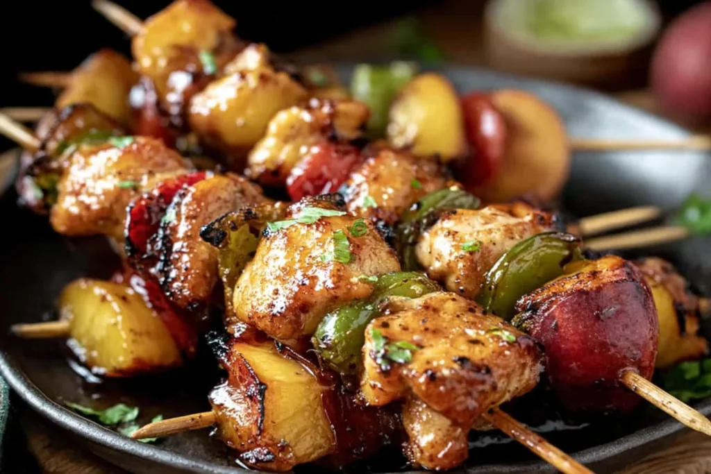 Close-up of Jalapeno Peach Chicken Skewers with glazed chicken, caramelized peaches, and jalapeños on wooden skewers.