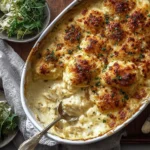 Ina Garten Chicken Casserole Recipe in a white baking dish with a golden, bubbly topping and creamy chicken filling, served with a green salad.
