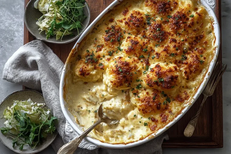 Ina Garten Chicken Casserole Recipe in a white baking dish with a golden, bubbly topping and creamy chicken filling, served with a green salad.