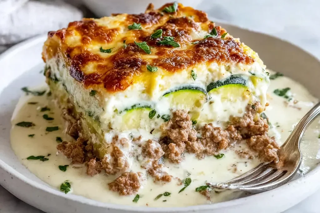 Ground Turkey Zucchini Casserole with creamy cheese sauce, layered zucchini slices, and seasoned ground turkey, baked until golden and bubbly.
