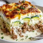 Ground Turkey Zucchini Casserole with creamy cheese sauce, layered zucchini slices, and seasoned ground turkey, baked until golden and bubbly.