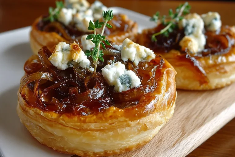 Caramelized Onion and Goat Cheese Tarts on a plate with flaky puff pastry, jammy caramelized onions, crumbled goat cheese, and fresh thyme.