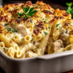 Banana Pepper Chicken Alfredo Bake in a white casserole dish with creamy penne, tender chicken, and golden melted cheese, topped with parsley.