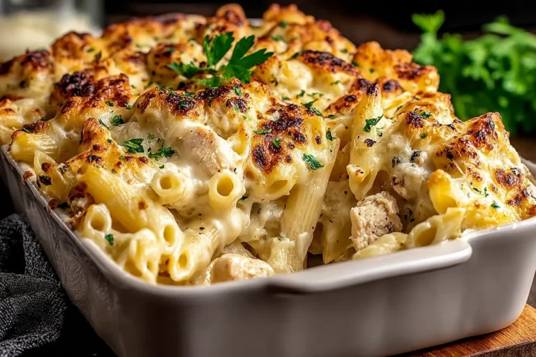 Banana Pepper Chicken Alfredo Bake in a white casserole dish with creamy penne, tender chicken, and golden melted cheese, topped with parsley.