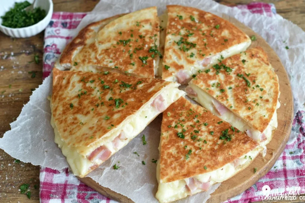 Chicken Cordon Bleu Quesadillas sliced into wedges with melty Swiss cheese and ham, toasted golden and sprinkled with fresh herbs.