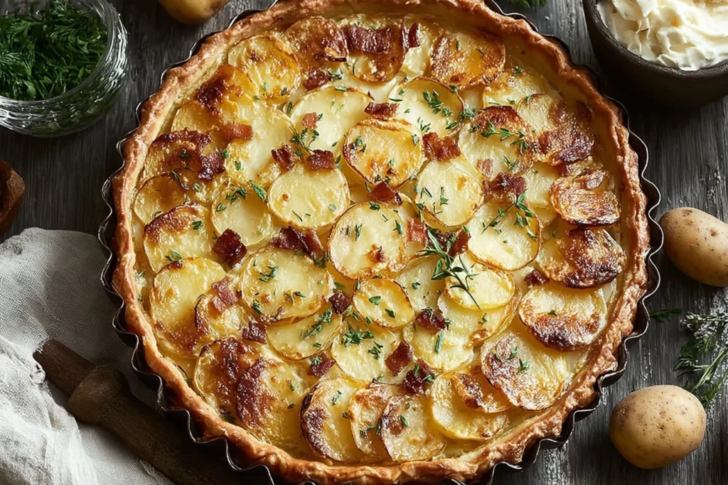 Creamy Irish Potato Pie baked in a golden, flaky crust with tender potato slices, crispy bacon pieces, and fresh herbs on top.