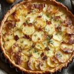 Creamy Irish Potato Pie baked in a golden, flaky crust with tender potato slices, crispy bacon pieces, and fresh herbs on top.