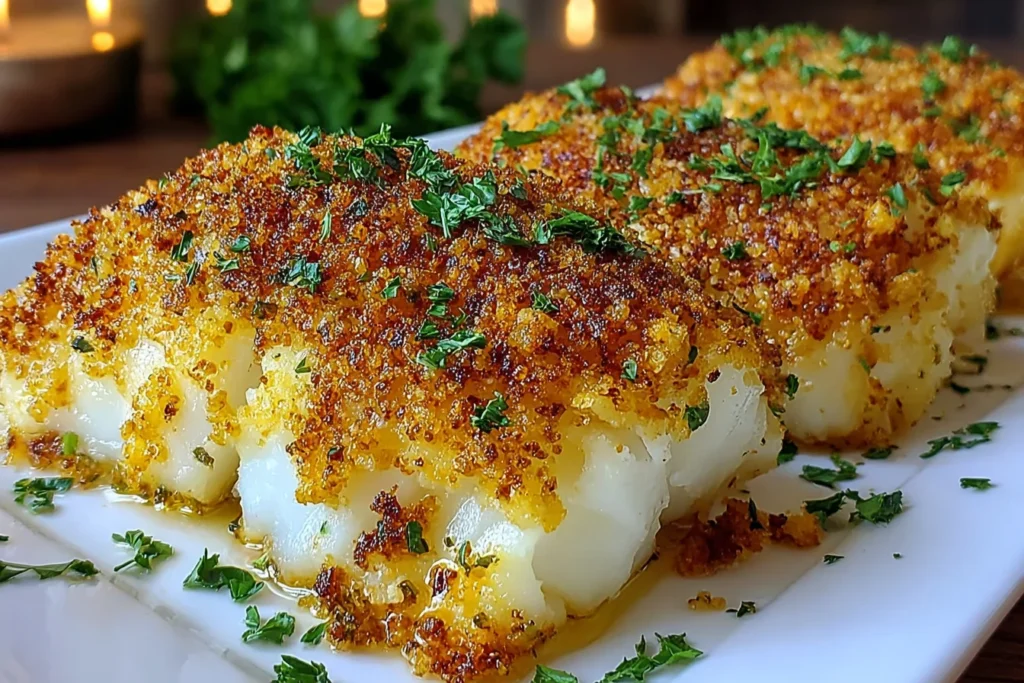 Boston Baked Cod with a golden crispy panko crust and fresh parsley, showing flaky white fish on a plate.